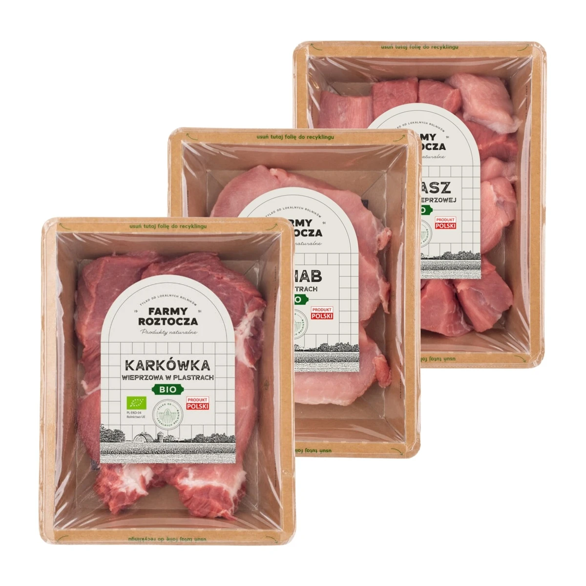 Zestaw mięsa Bio: karkówka wieprzowa bez kości, schab wieprzowy w plastrach, gulasz wieprzowy z szynki, Farmy Roztocza