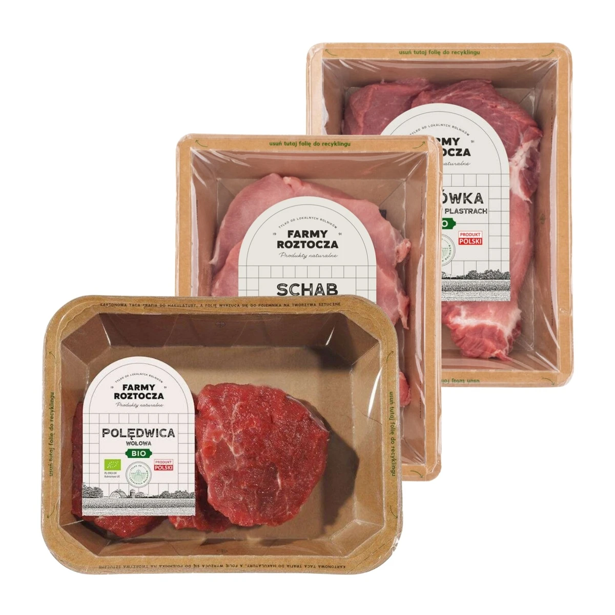 Zestaw mięsa Bio: polędwica wołowa, schab wieprzowy w plastrach, karkówka wieprzowa bez kości, Farmy Roztocza