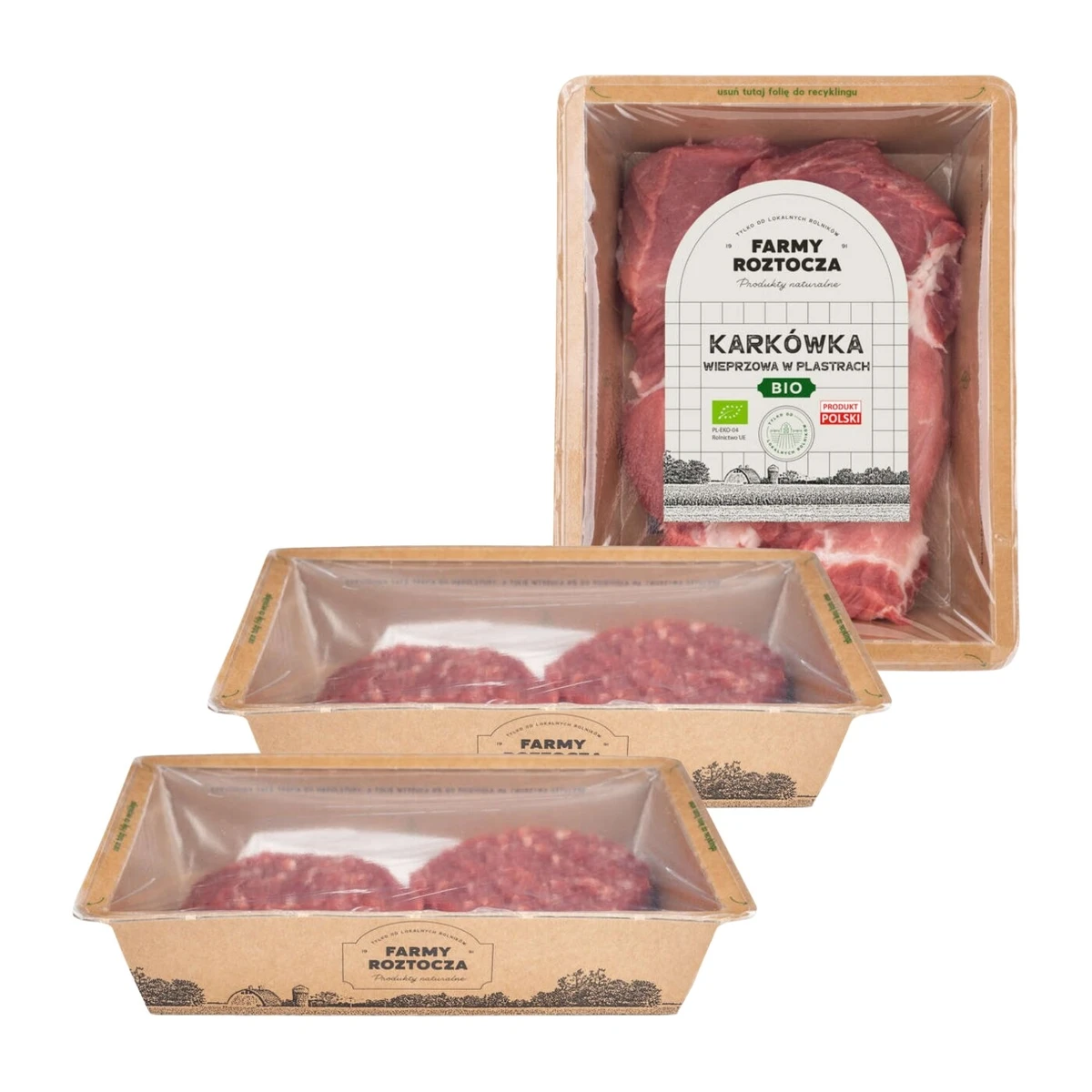 Zestaw mięsa Bio: 2 opakowania burger wołowy, karkówka wieprzowa bez kości, Farmy Roztocza