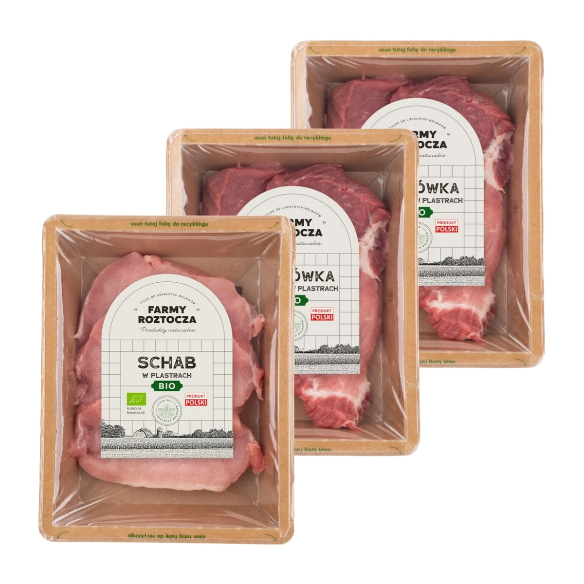 Zestaw mięsa Bio: schab wieprzowy w plastrach, 2 opakowania karkówka wieprzowa bez kości, Farmy Roztocza