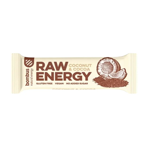 Baton Raw Energy kokos - kakao bez glutenu, 50 g, Bombus
