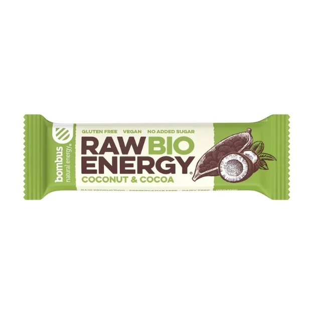 Baton Raw Energy kokos - kakao bez glutenu Bio, 50 g, Bombus
