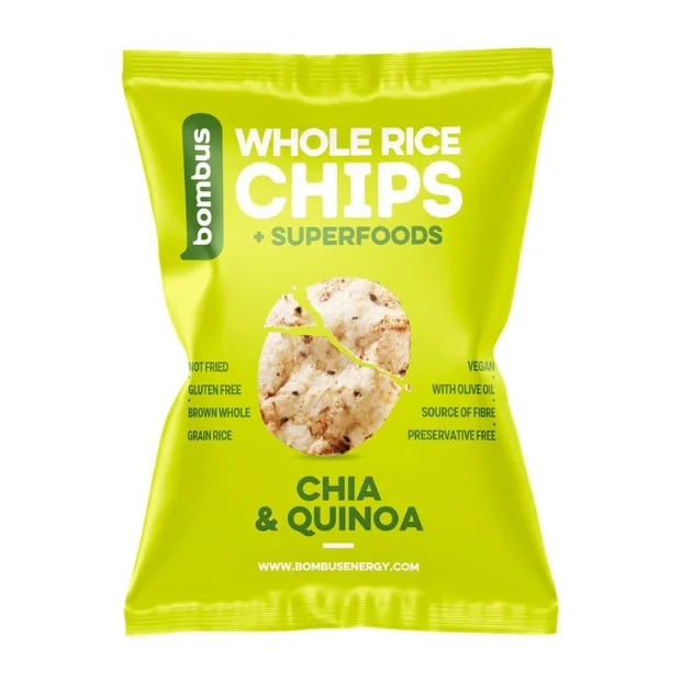 Chipsy ryżowe pełnoziarniste z chia i quinoa bez glutenu, 60 g, Bombus