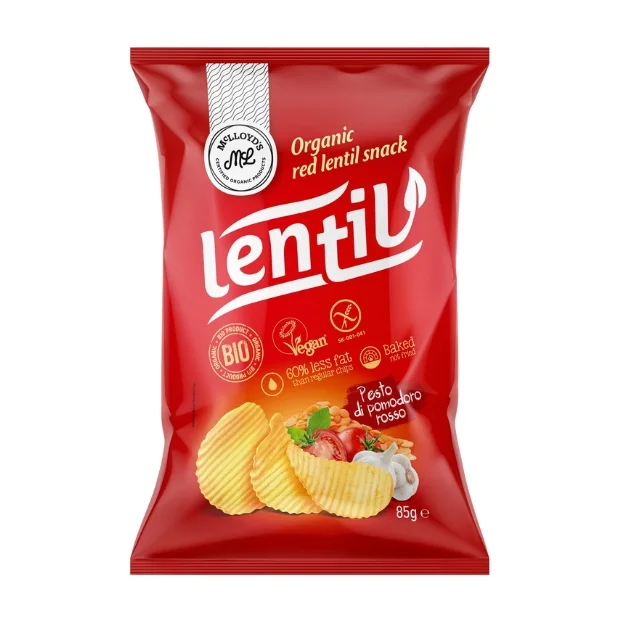 Chipsy z czerwonej soczewicy o smaku pesto rosso bez glutenu Bio, 85 g, McLloyd’s 