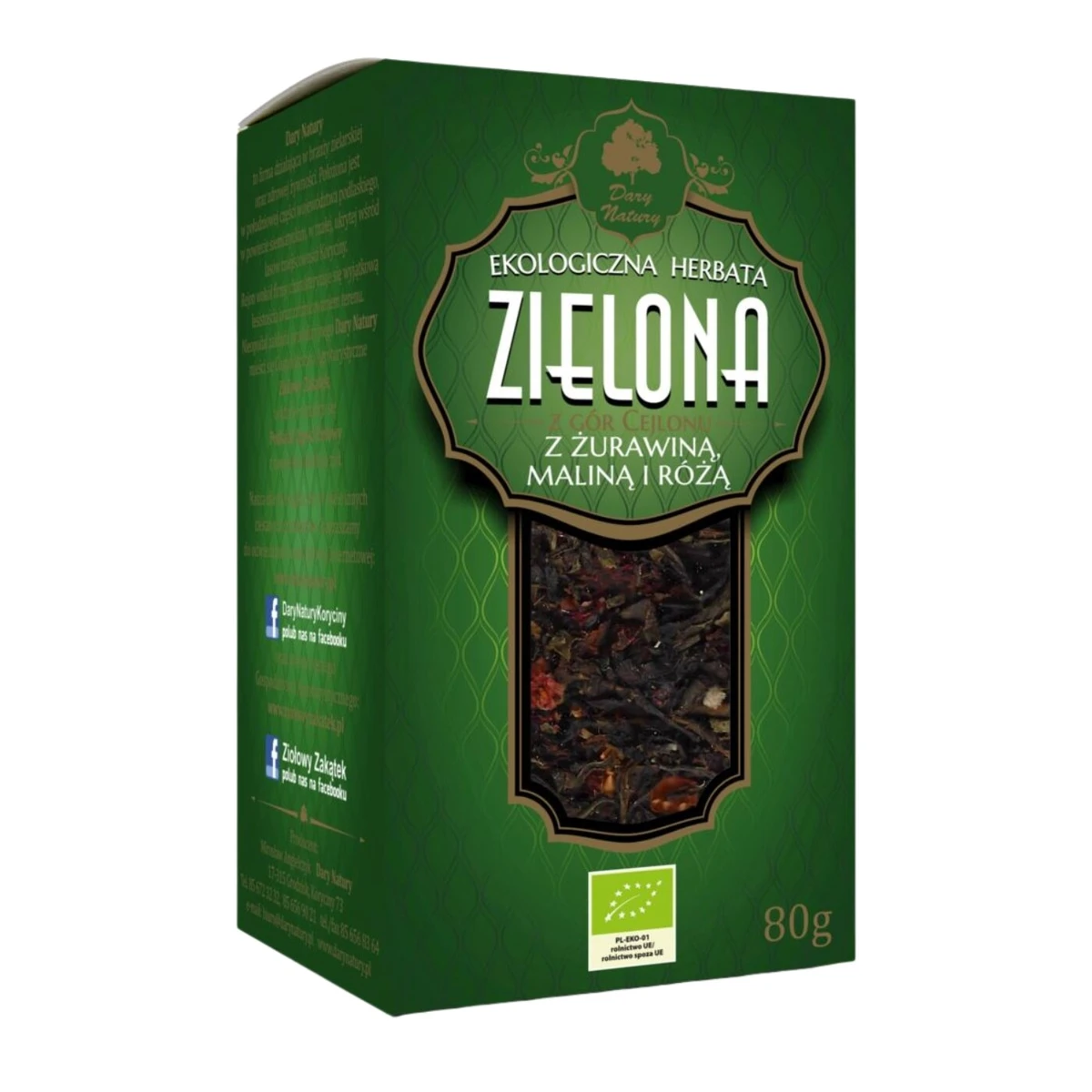 Herbata zielona z żurawiną, maliną, różą liściasta Bio, Dary Natury