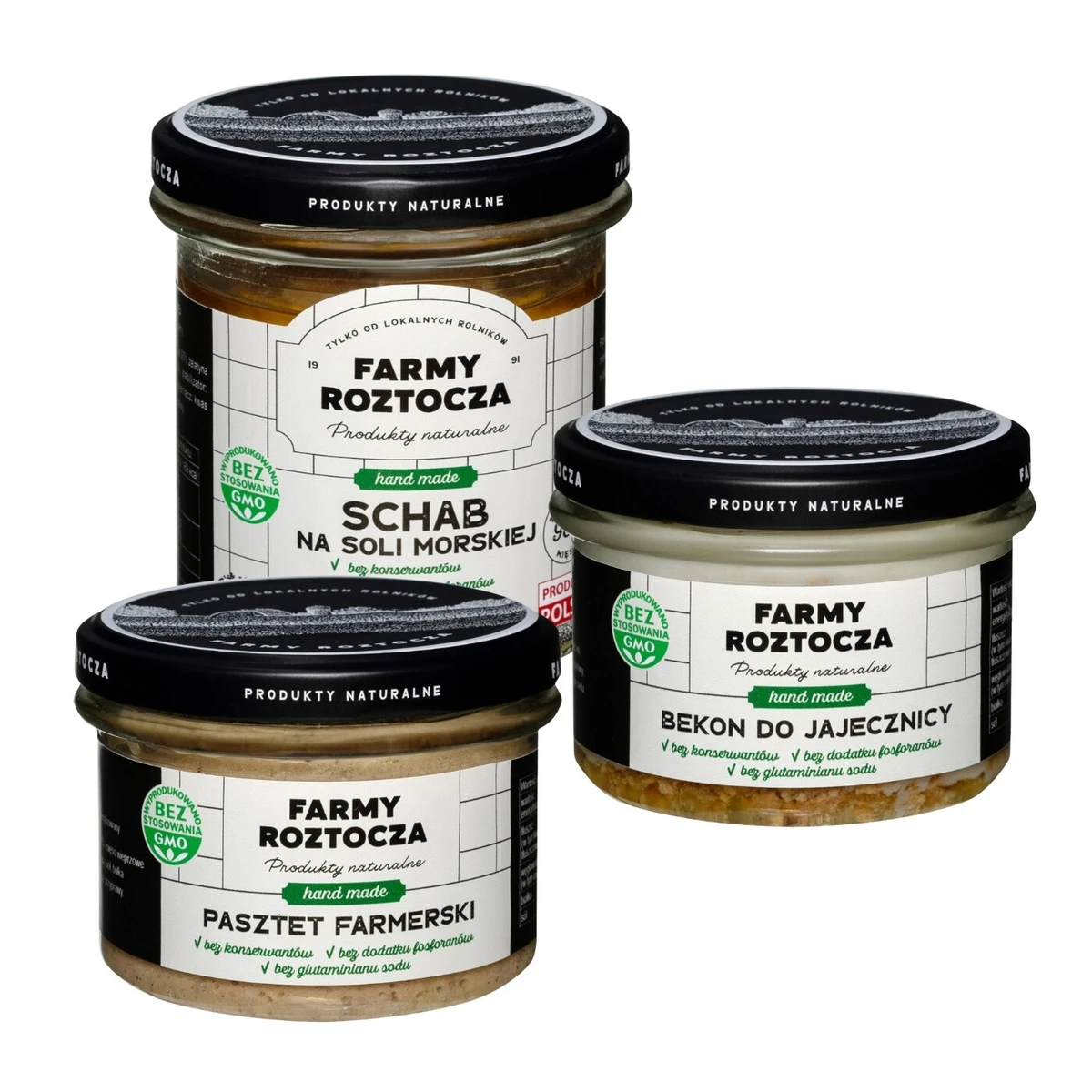 Zestaw wyrobów mięsnych w słoiku: pasztet farmerski, bekon do jajecznicy, schab na soli morskiej, Farmy Roztocza