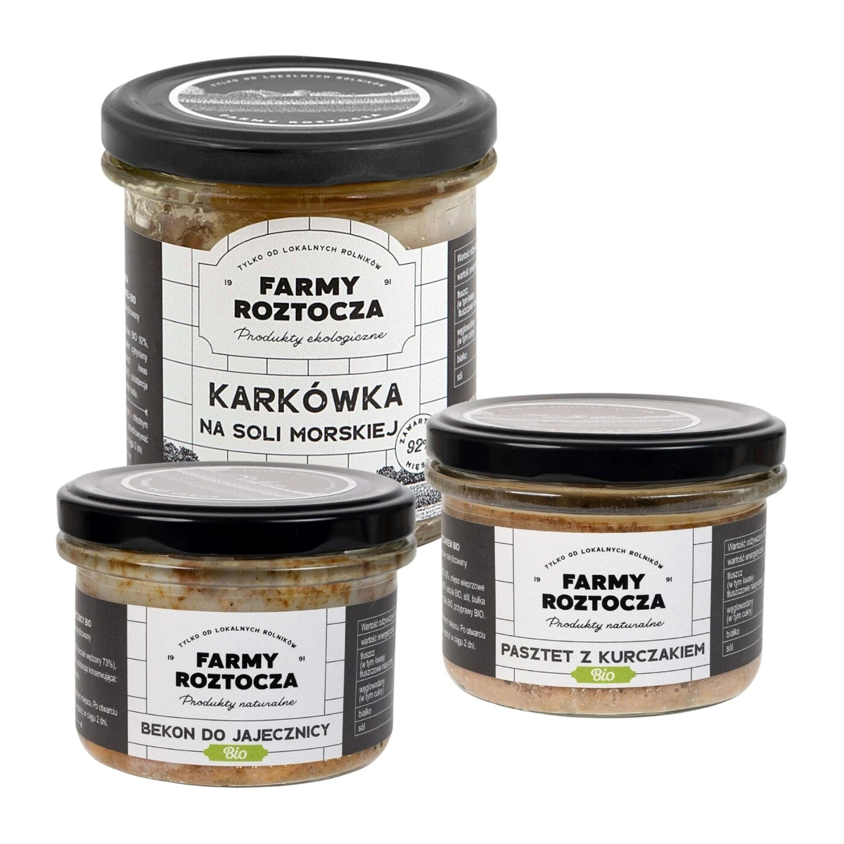 Zestaw wyrobów mięsnych Bio: bekon do jajecznicy, pasztet z kurczakiem, karkówka na soli morskiej, Farmy Roztocza