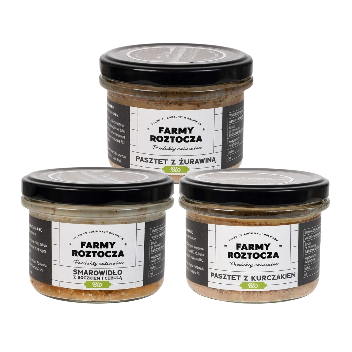 Zestaw wyrobów mięsnych Bio: smarowidło z boczkiem i cebulą, pasztet z kurczakiem, pasztet z żurawiną, Farmy Roztocza