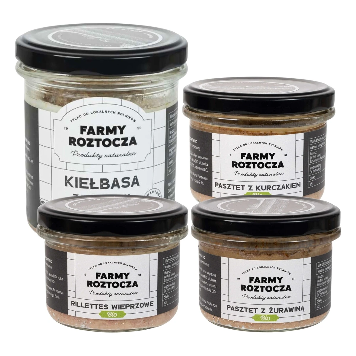 Zestaw wyrobów mięsnych Bio: rillettes wieprzowe, pasztet z żurawiną, kiełbasa zagrodowa, pasztet z kurczakiem, Farmy Roztocza