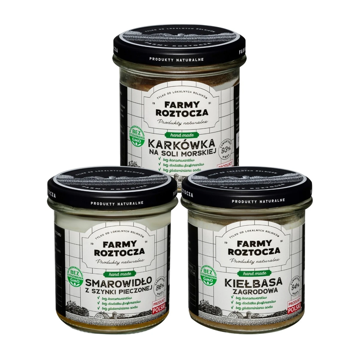 Zestaw wyrobów mięsnych w słoiku: smarowidło z szynki pieczonej, kiełbasa zagrodowa, karkówka na soli morskiej, Farmy Roztocza