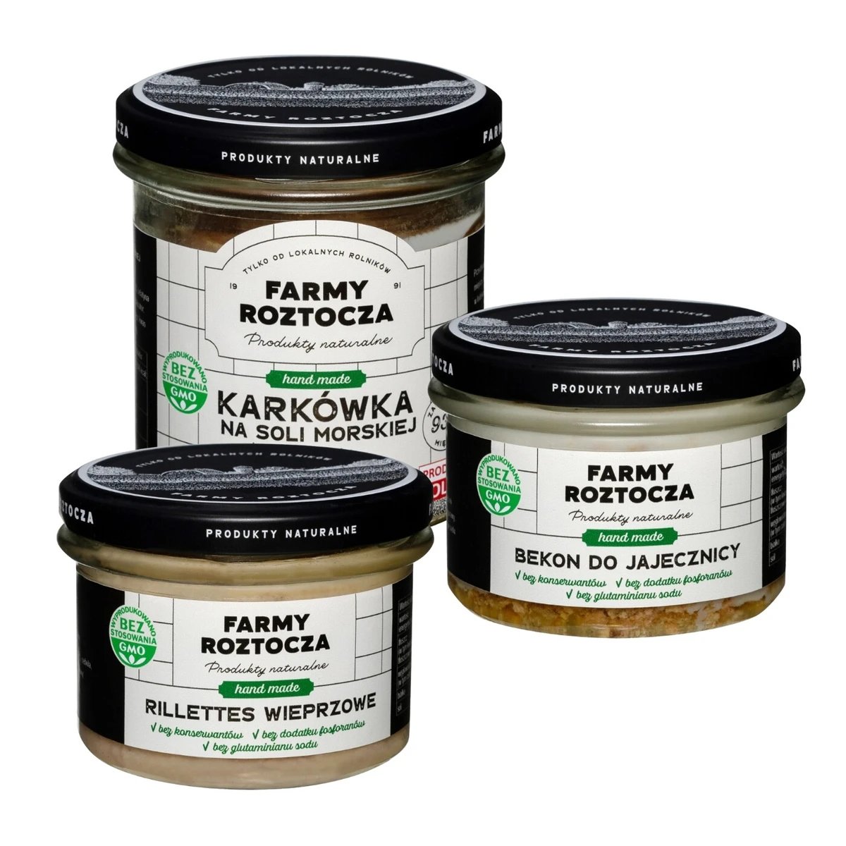 Zestaw wyrobów mięsnych w słoiku: rillettes wieprzowe, bekon do jajecznicy, karkówka na soli morskiej, Farmy Roztocza