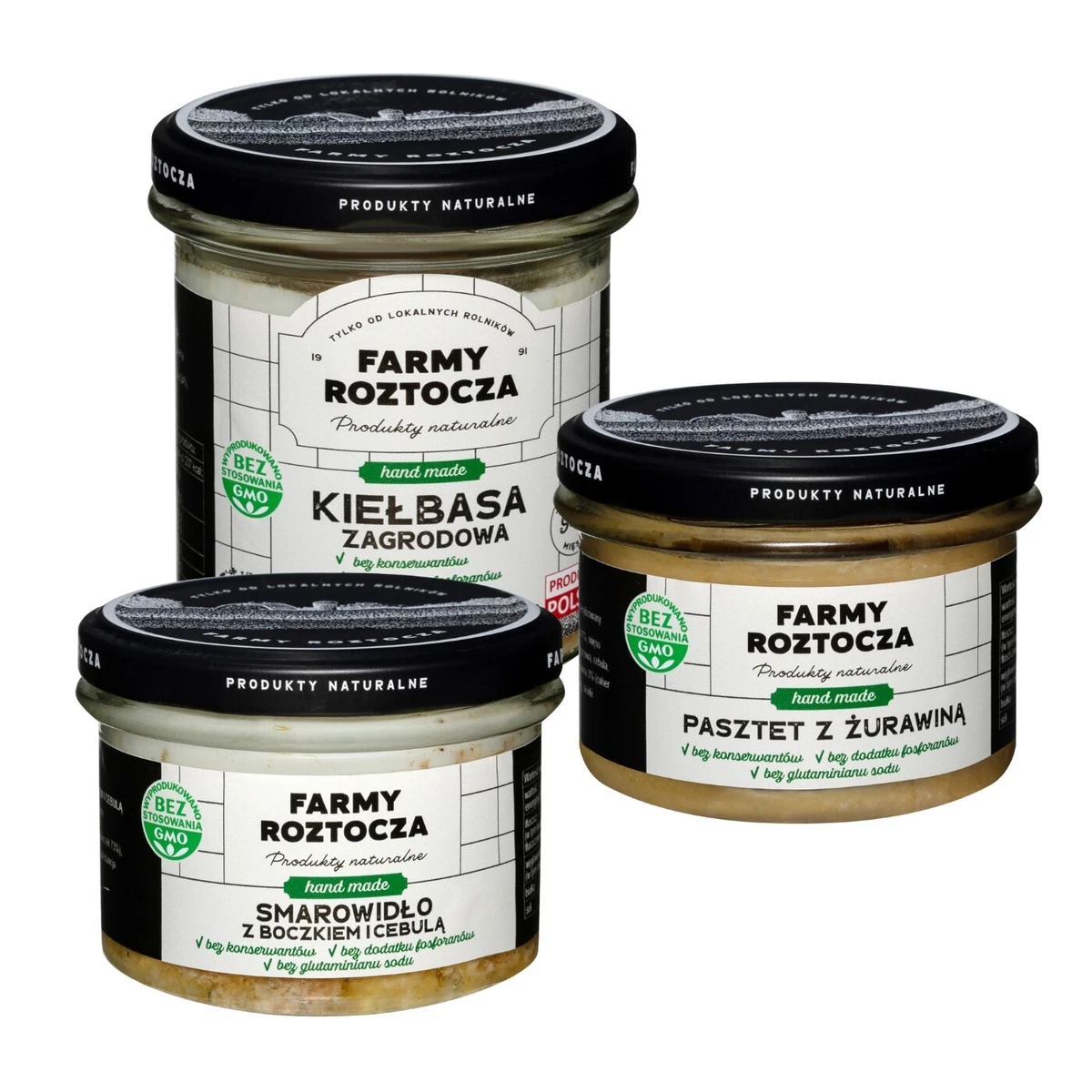 Zestaw wyrobów mięsnych w słoiku: smarowidło z boczkiem i cebulą, pasztet z żurawiną, kiełbasa zagrodowa, Farmy Roztocza
