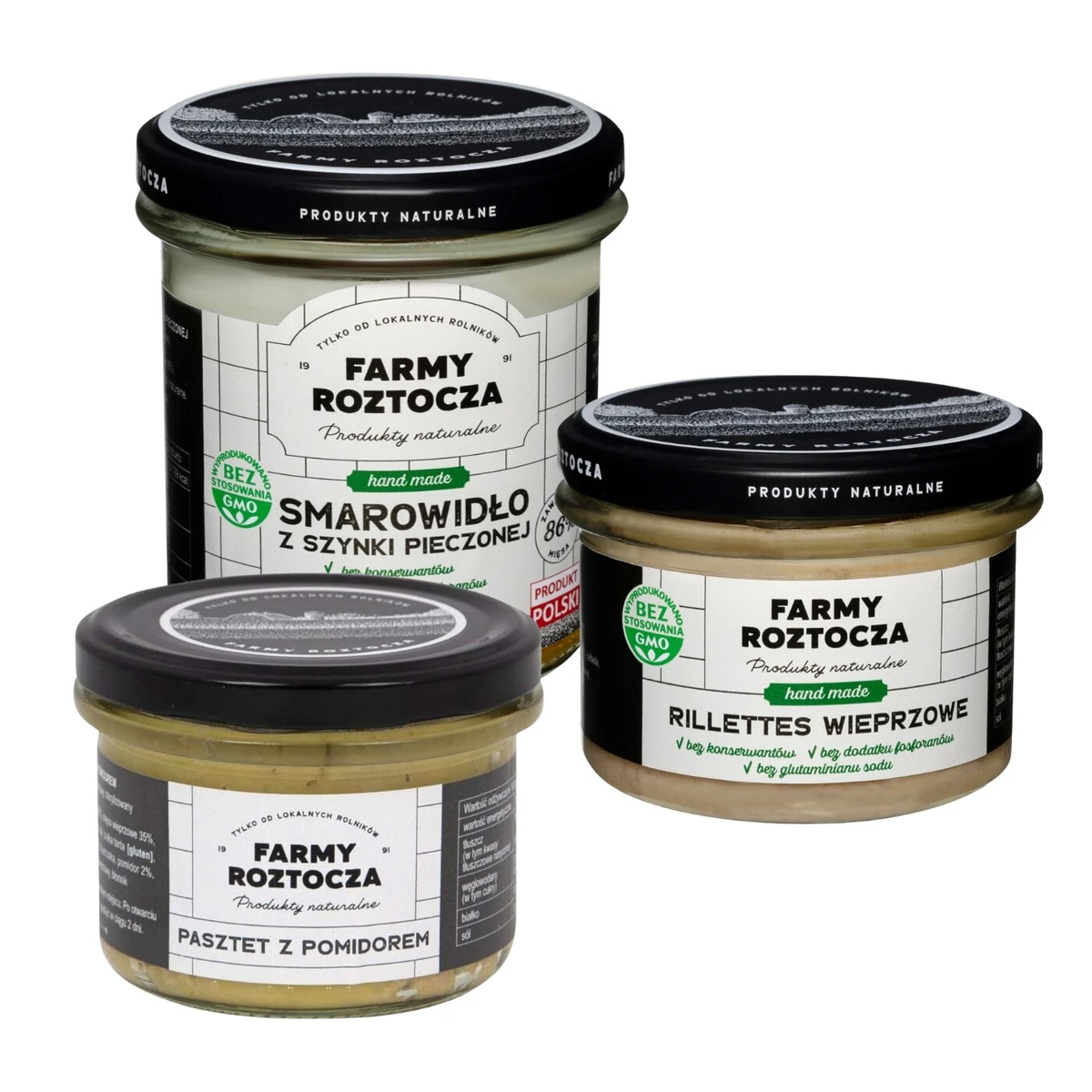 Zestaw wyrobów mięsnych w słoiku: pasztet z pomidorem, rillettes wieprzowe, smarowidło z szynki pieczonej, Farmy Roztocza