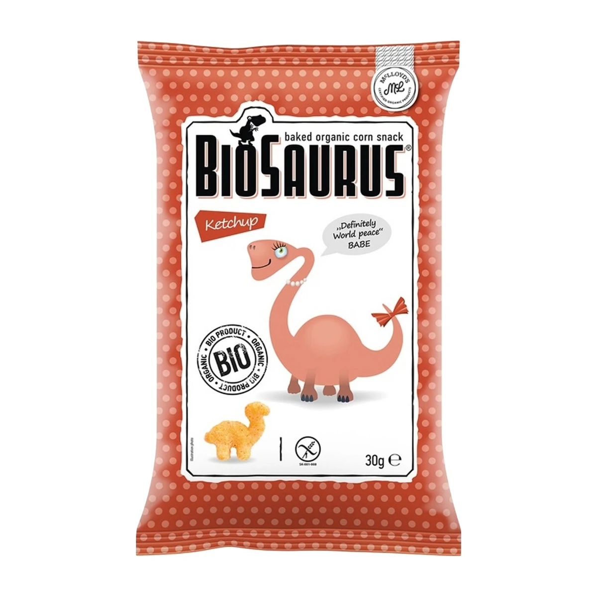Chrupki kukurydziane Dinozaury o smaku ketchupowym Bio, 30g, Biosaurus