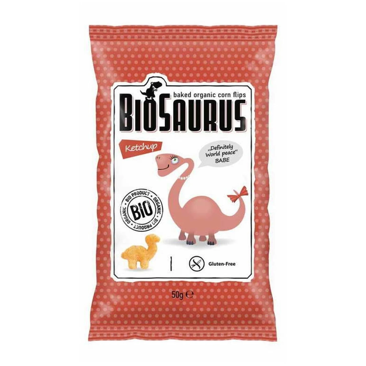 Chrupki kukurydziane Dinozaury o smaku ketchupowym Bio, 50g, Biosaurus