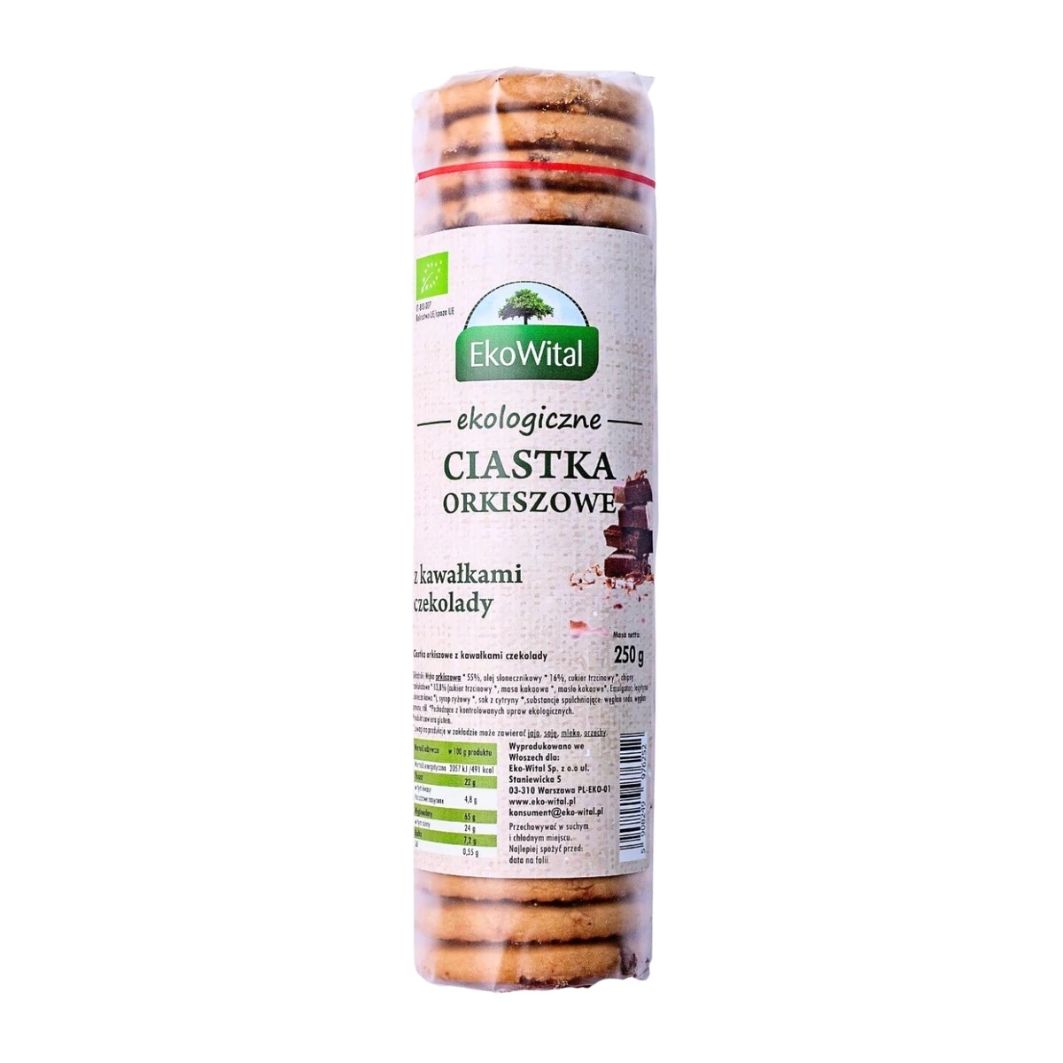 Ciastka orkiszowe pełnoziarniste z kawałkami czekolady Bio, EkoWital