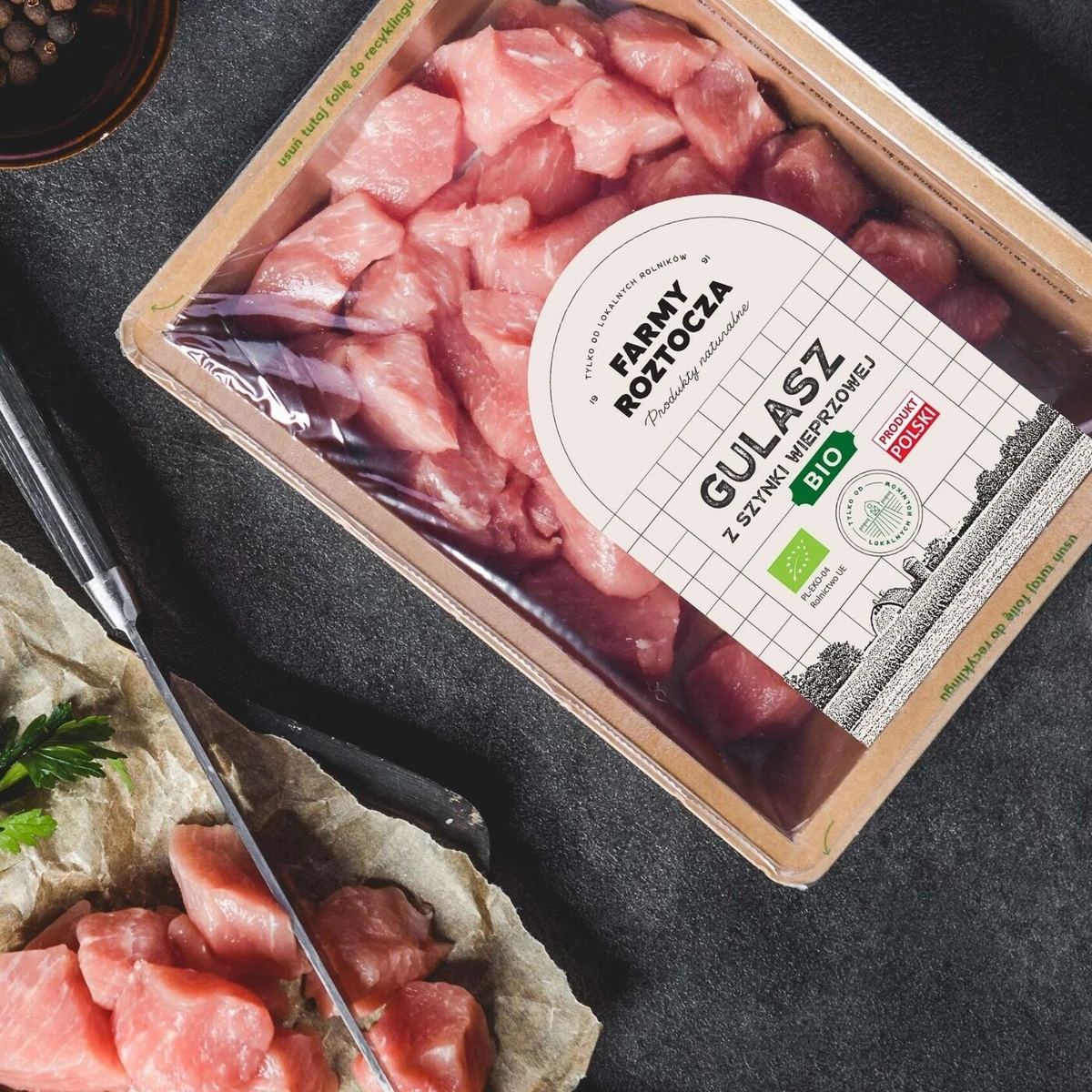 Gulasz wieprzowy z szynki BIO 300 g, Farmy Roztocza