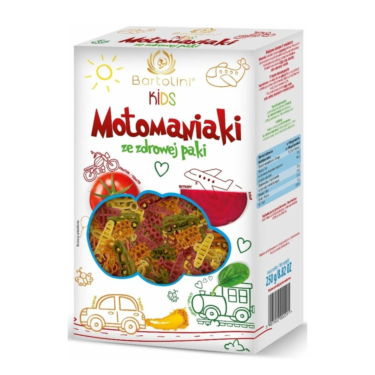 Makaron semolinowy z suszonymi warzywami dla dzieci MOTOMANIAKI, Bio, Bartolini