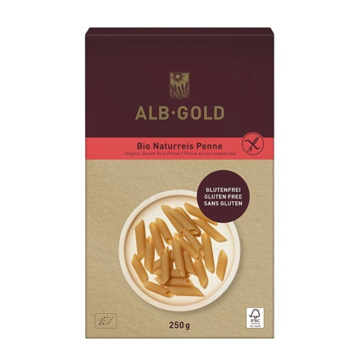 Makaron ryżowy razowy penne bezglutenowy Bio, Alb Gold