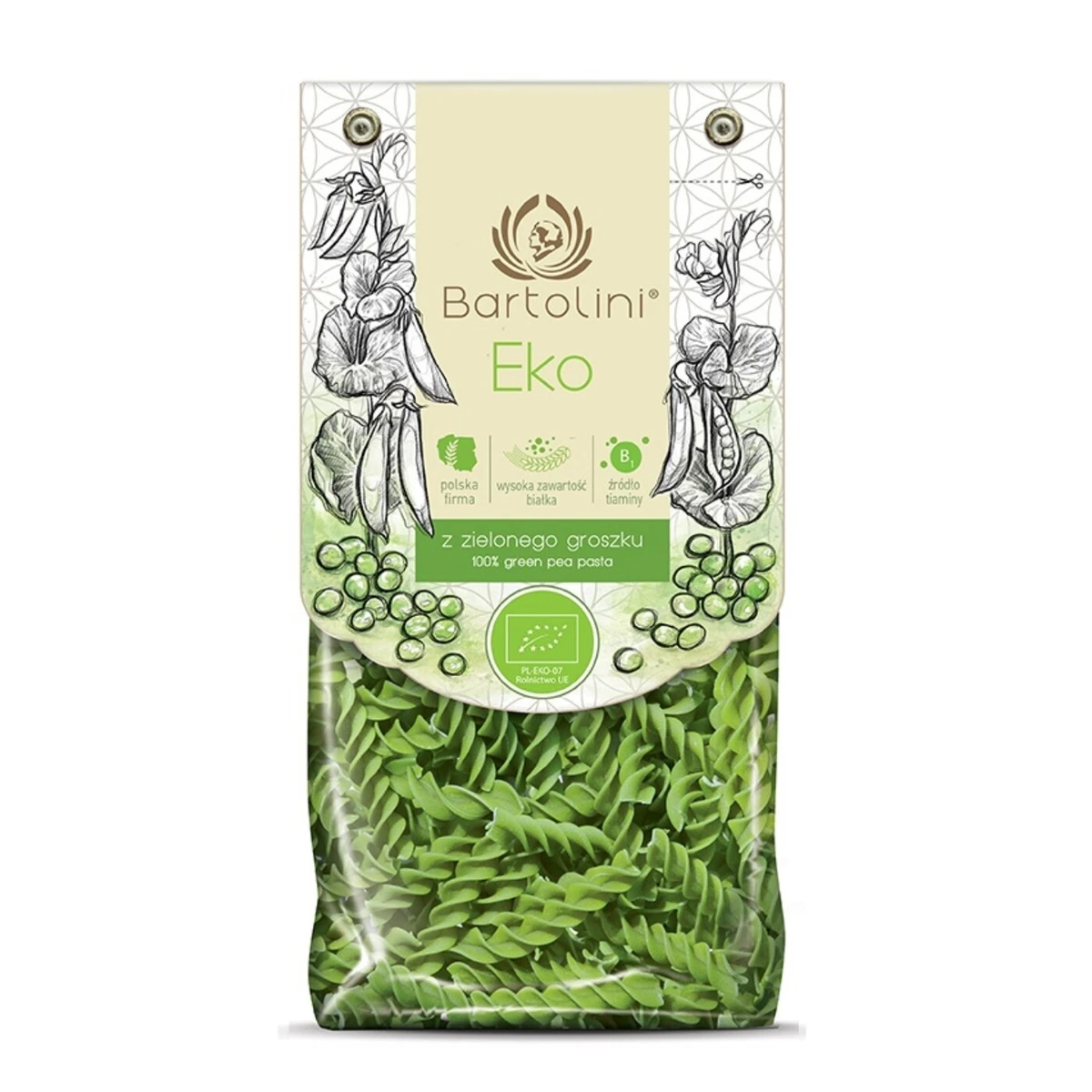 Makaron proteinowy z groszku zielonego świderki Bio, Bartolini