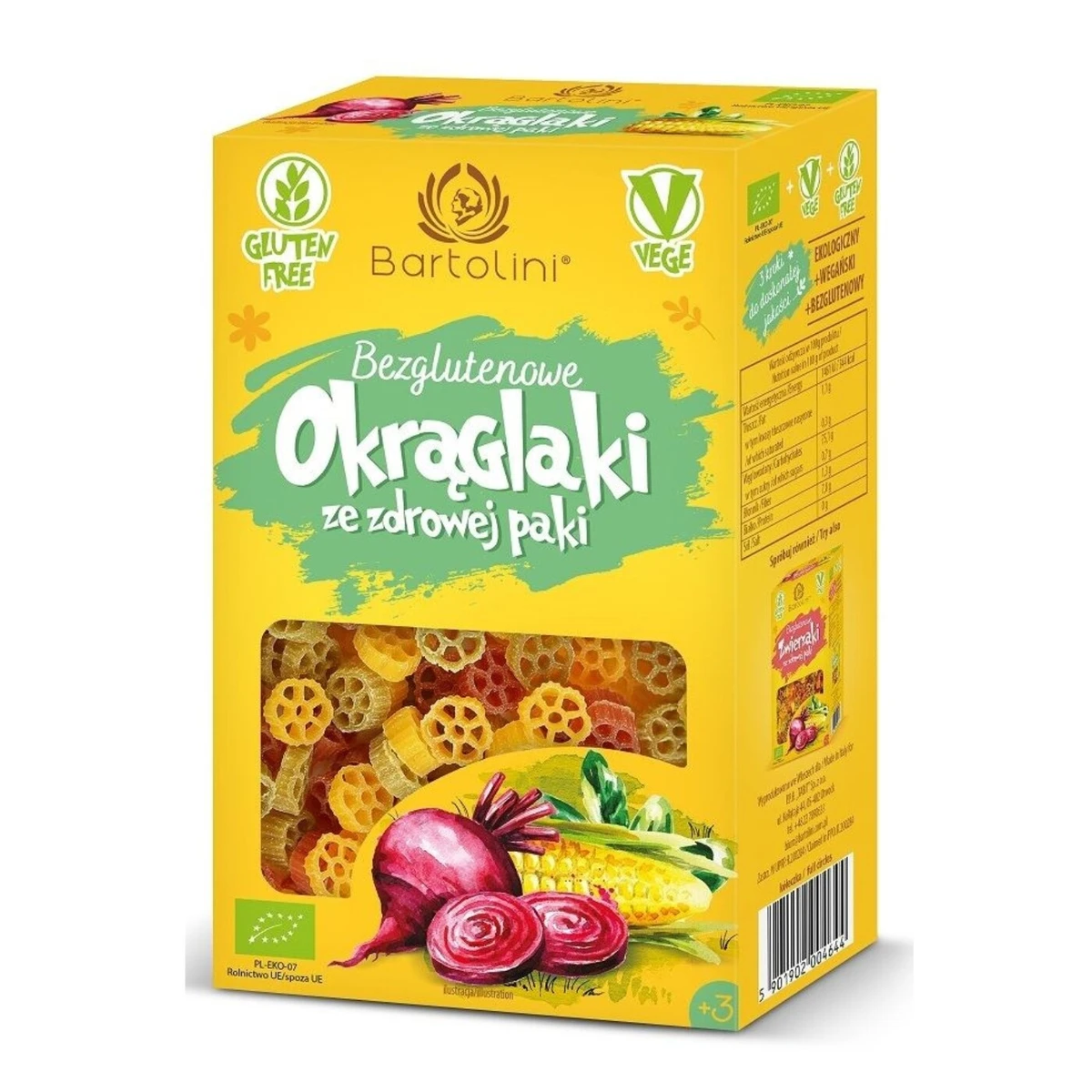 Makaron kukurydziany z suszonymi warzywami dla dzieci Okrąglaki bezglutenowy,Bio, Bartolini