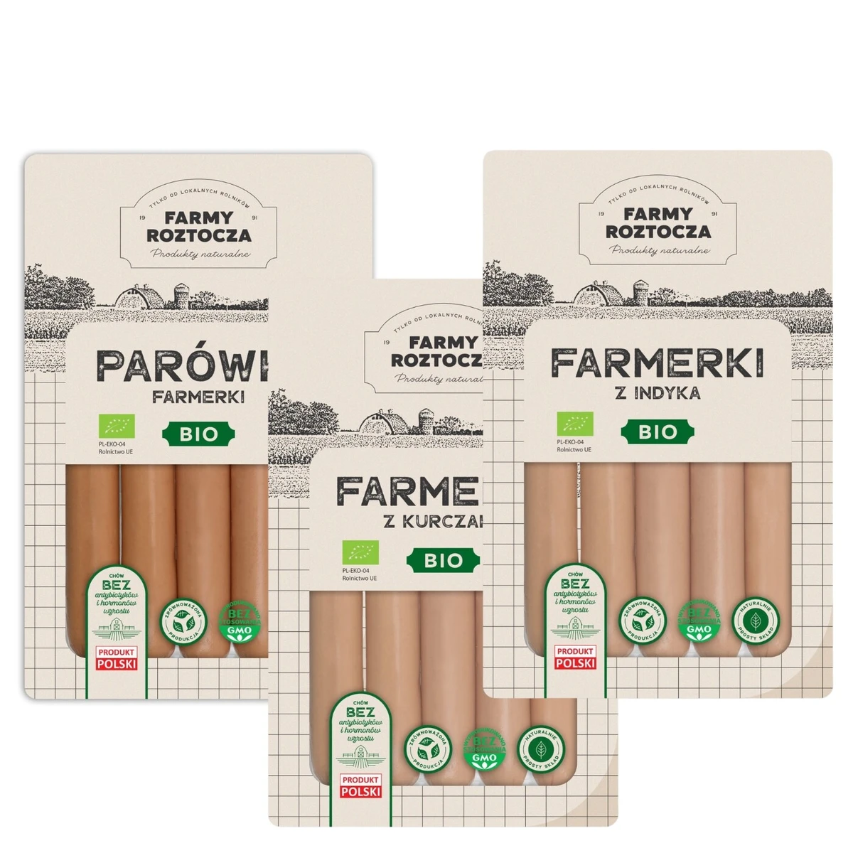 Zestaw parówek Bio: farmerki, z indyka, z kurczaka, Farmy Roztocza
