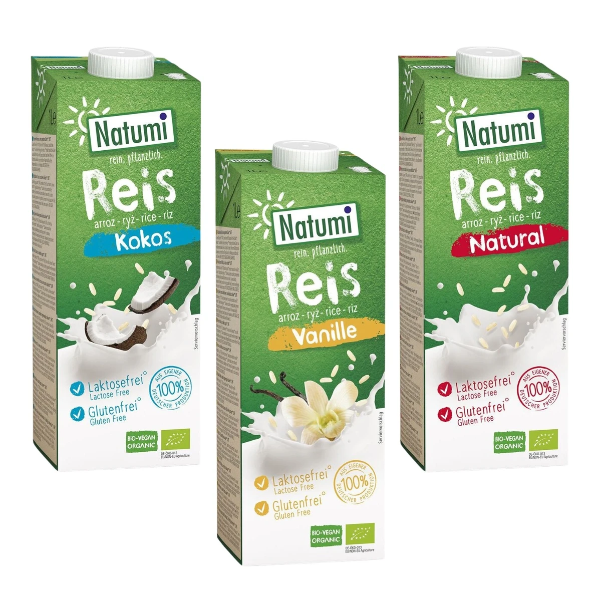Zestaw napojów roślinnych BIO:  ryżowo-kokosowy, ryżowo-waniliowy, ryżowy bez dodatku cukrów