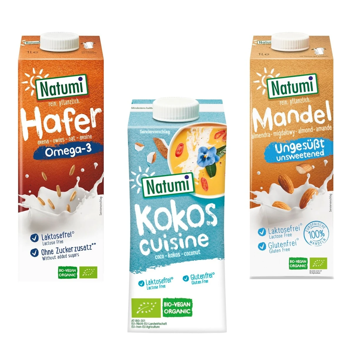 Zestaw napojów roślinnych BIO: owsiany Omega 3, migdałowy bez cukrów, krem kokosowy
