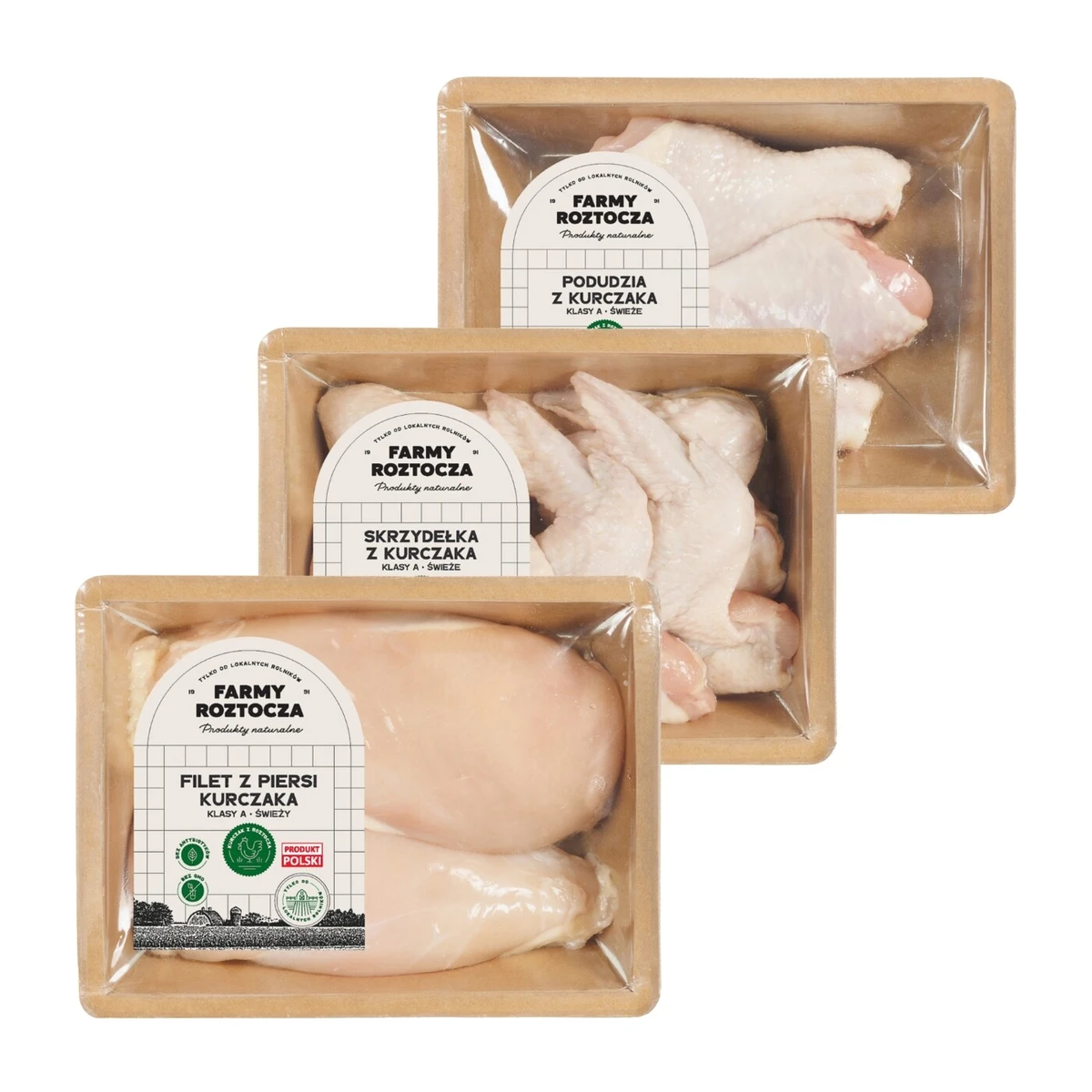 Zestaw mięsa drobiowego: filet z piersi kurczaka, skrzydełka z kurczaka, podudzia z kurczaka, Farmy Roztocza