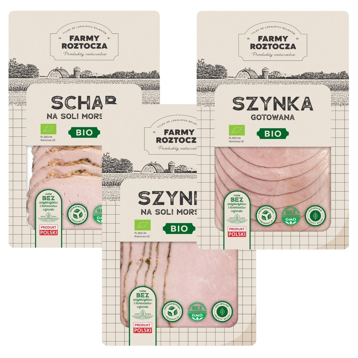 Mix - zestaw wędlin Bio: Schab oraz Szynka na soli morskiej, Szynka gotowana, Farmy Roztocza