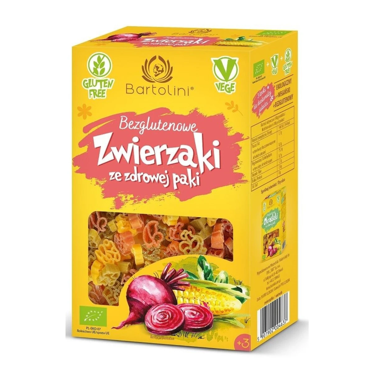 Makaron kukurydziany z suszonymi warzywami dla dzieci Zwierzaki bezglutenowy Bio, Bartolini