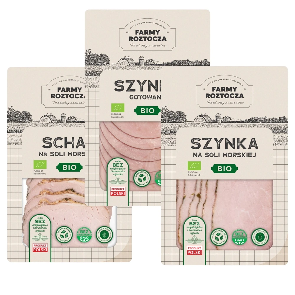 Mix - zestaw wędlin Bio: Schab oraz Szynka na soli morskiej, Szynka gotowana, Farmy Roztocza