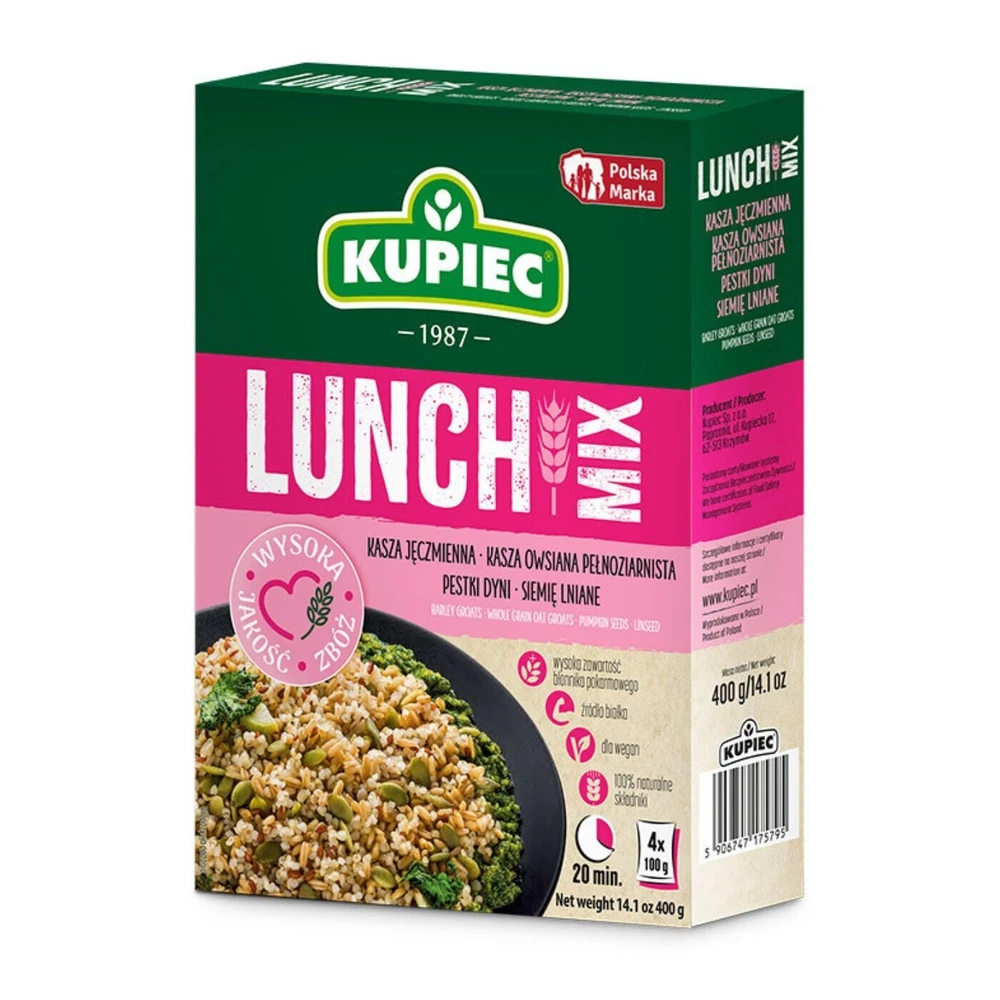 Zestaw 6 szt. Lunch mix kasza jęczmienna, owsiana, siemię lniane, pestki dyni, Kupiec