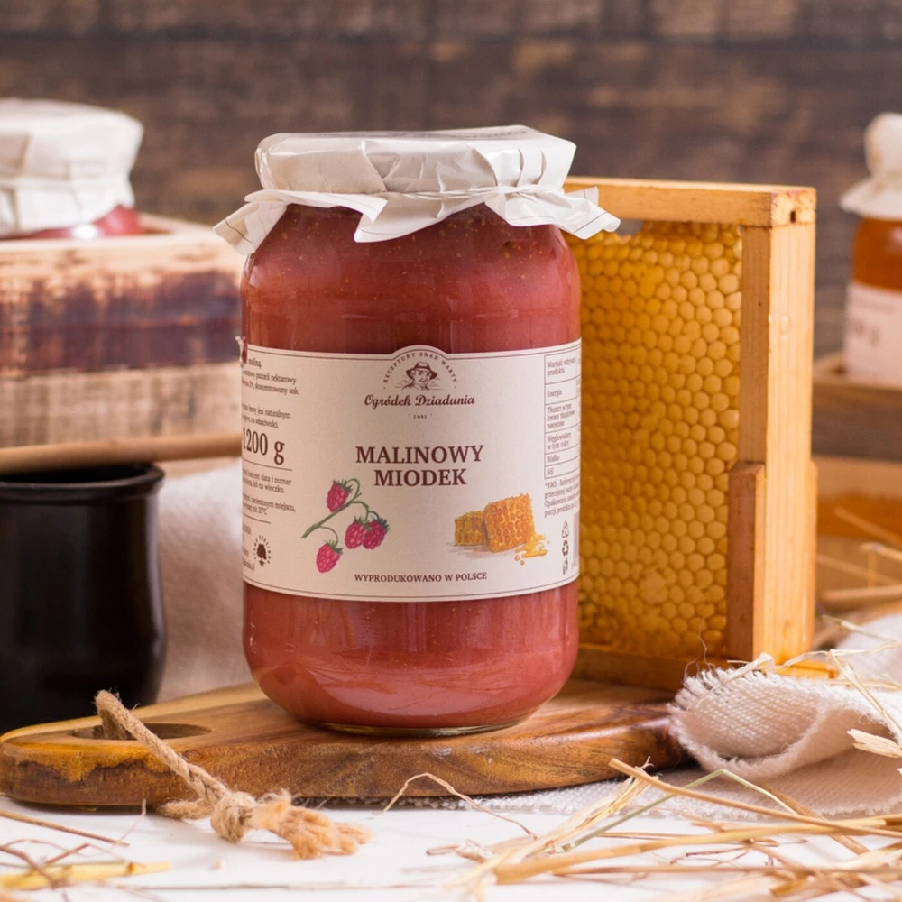 Miód wielokwiatowy z maliną - Malinowy miodek, Ogródek Dziadunia
