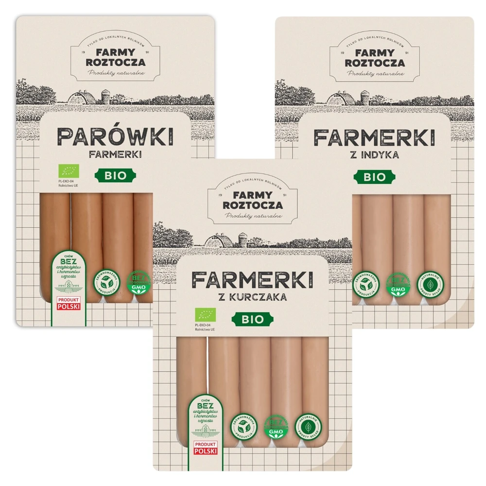 Zestaw parówek Bio: farmerki, z indyka, z kurczaka, Farmy Roztocza