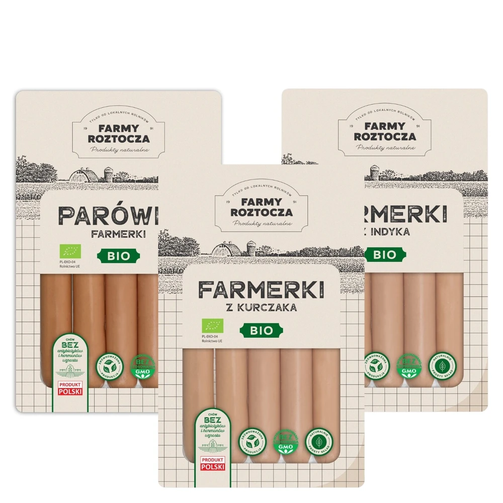 Zestaw parówek Bio: farmerki, z indyka, z kurczaka, Farmy Roztocza