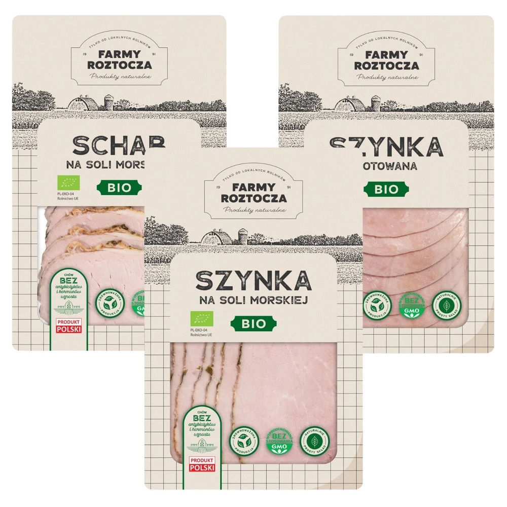 Mix - zestaw wędlin Bio: Schab oraz Szynka na soli morskiej, Szynka gotowana, Farmy Roztocza