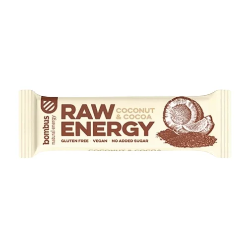 Baton Raw Energy kokos - kakao bez glutenu, 50 g, Bombus