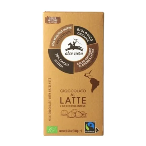 Czekolada mleczna z całymi orzechami laskowymi Fair Trade Bio, 100 g, Alce Nero
