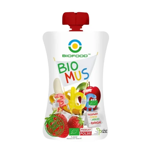 Mus truskawka banan jabłko Bio, 90 g, Biofood