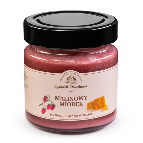 Miód wielokwiatowy z maliną - Malinowy miodek, 250g, Ogródek Dziadunia