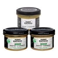 Zestaw wyrobów mięsnych w słoiku: pasztet z żurawiną, pasztet farmerski, pasztet z pomidorem, Farmy Roztocza