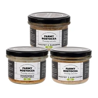 Zestaw wyrobów mięsnych Bio: smarowidło z boczkiem i cebulą, pasztet z kurczakiem, pasztet z żurawiną, Farmy Roztocza