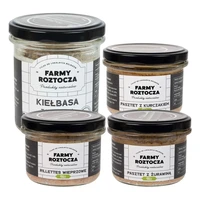Zestaw wyrobów mięsnych Bio: rillettes wieprzowe, pasztet z żurawiną, kiełbasa zagrodowa, pasztet z kurczakiem, Farmy Roztocza