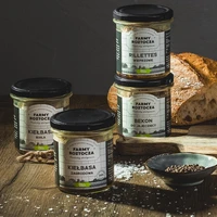 Zestaw wyrobów mięsnych Bio: rillettes wieprzowe, pasztet z żurawiną, kiełbasa zagrodowa, pasztet z kurczakiem, Farmy Roztocza