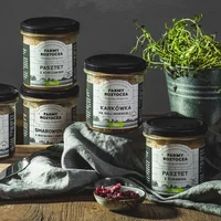 Zestaw wyrobów mięsnych w słoiku: rillettes wieprzowe, bekon do jajecznicy, karkówka na soli morskiej, Farmy Roztocza
